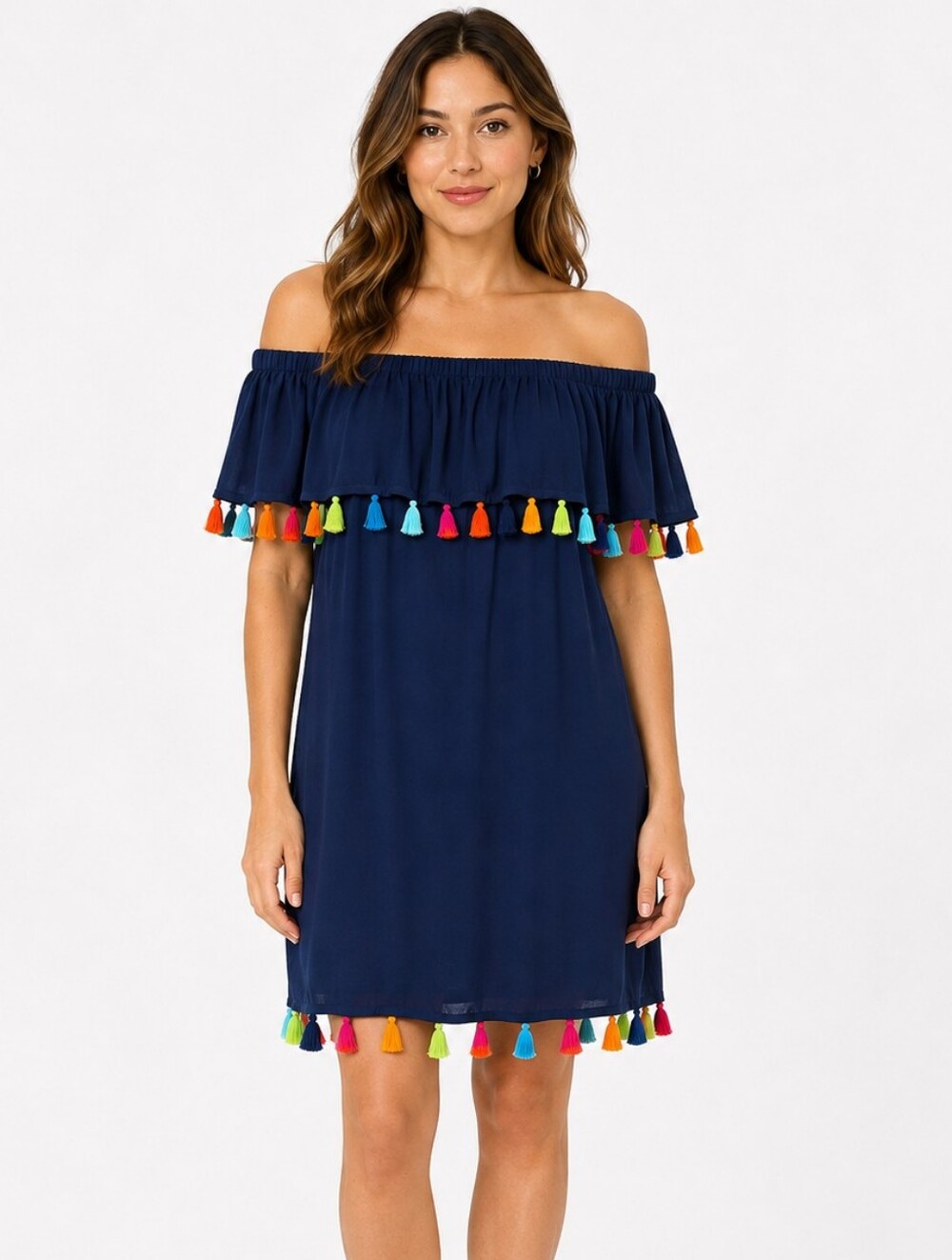 Escapada Living Navy Off Shoulder Tassel Dress Small Rayon Boho Cover Up